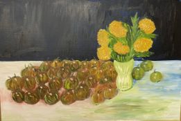 GEORGE S WISSINGER C20th, oil on canvas, Chrysanthemums, still life, Apple and Granny Smiths, 2017