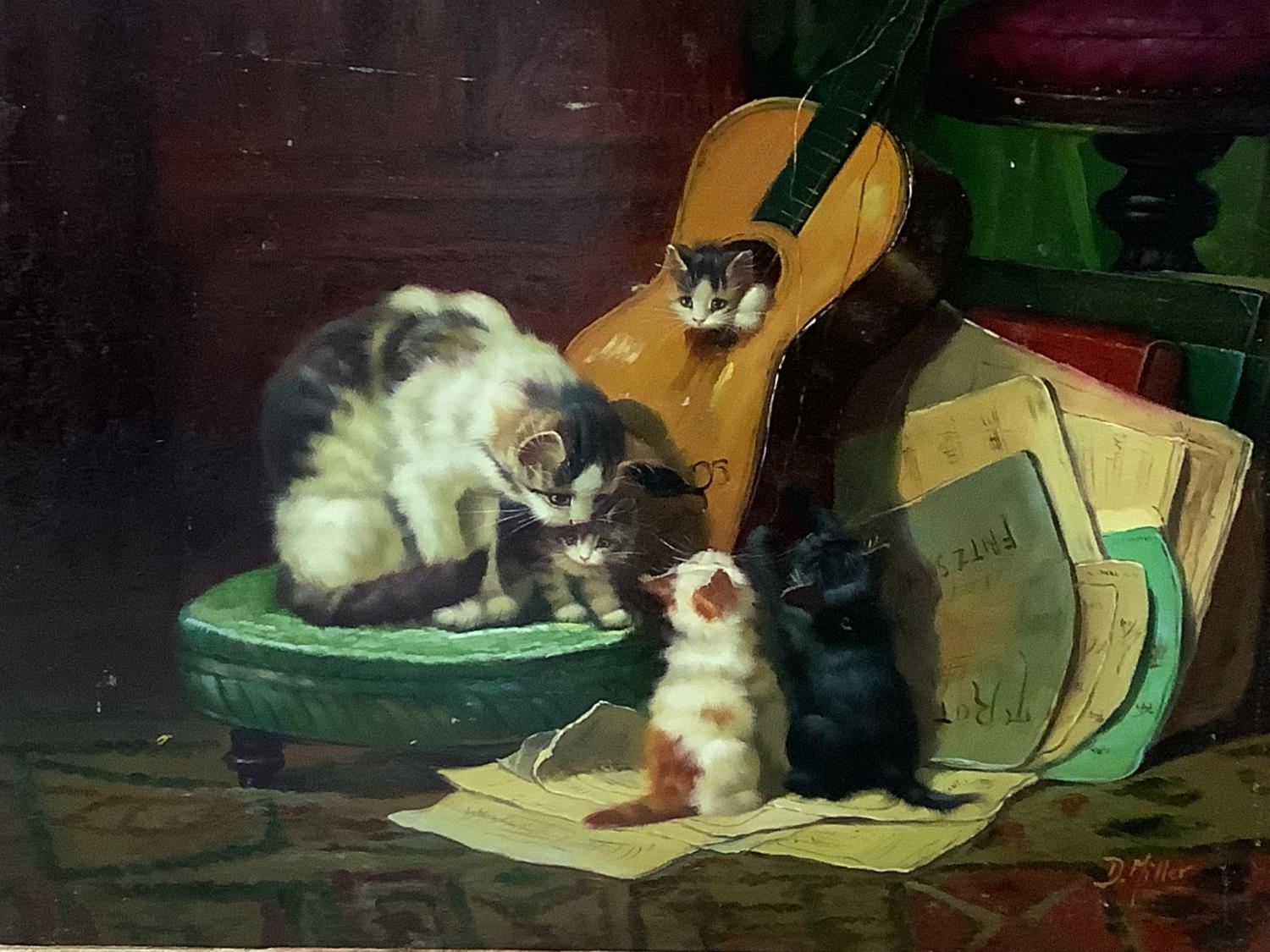 Oil on panel study of cat & kittens in a Victorian music room in gilt swept frame signed, 39.5cm x - Image 2 of 3