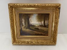 Oil on canvas, Woodland Scene, in gilt frame, bears indistinct signature Averhaaf?, 19.5 x 24.5cm