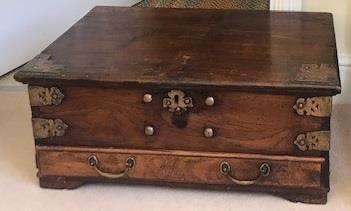 C19th walnut and brass bound chest with rising lid and a single drawer, 27cm high x 60cm W x 39cm