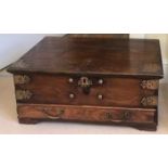 C19th walnut and brass bound chest with rising lid and a single drawer, 27cm high x 60cm W x 39cm