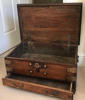 C19th walnut and brass bound chest with rising lid and a single drawer, 27cm high x 60cm W x 39cm - Image 2 of 2