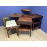 2 small mahogany two tier tables on castors, corner whatnot, mahogany stool & 2 pedestal tables.