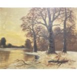 Oil on Canvas, Winter Woodland Lake landscape, signed lower right O Breton 52 x 65 cm. black wood