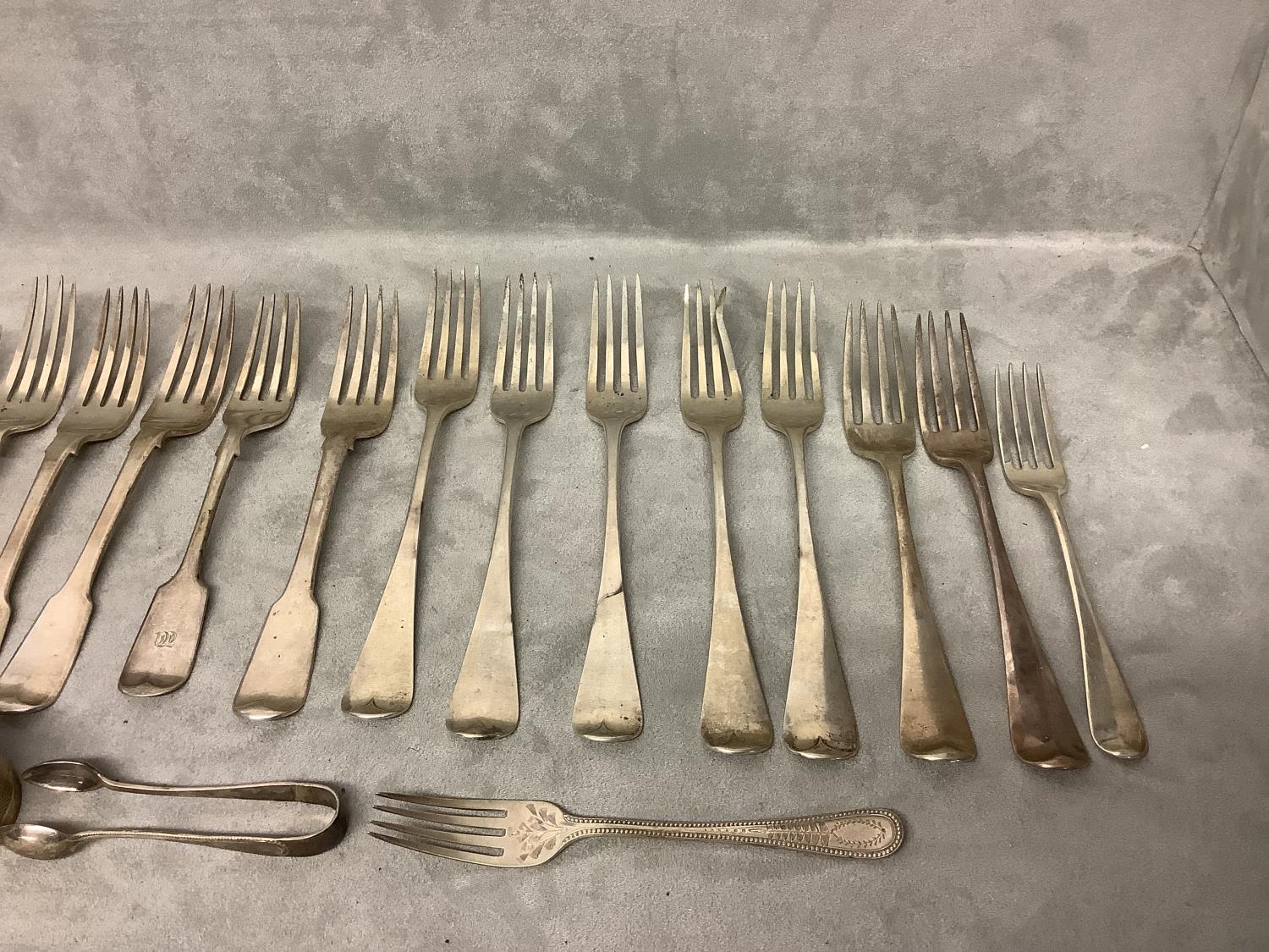 Quantity of Hallmarked Silver dinner & desert forks, napkin rings & sugar tongs, 31.02ozt - Image 3 of 6