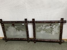 Pair of wall mirrors, the bevelled glass etched with foliage designs, and set within a wooden bamboo