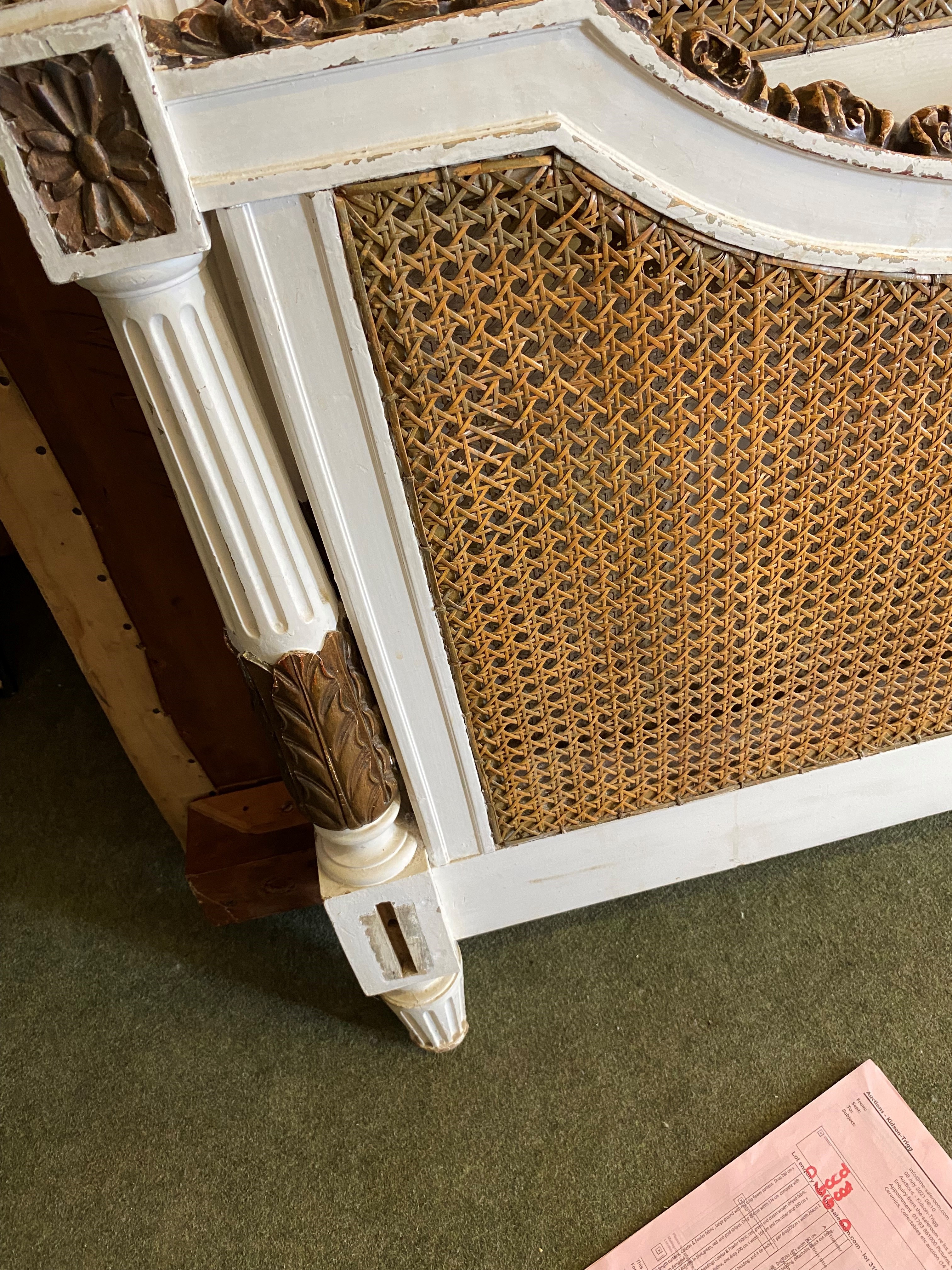 Decorative painted bed with double caned Bergère headboard and end with pineapple finials, approx - Image 5 of 5