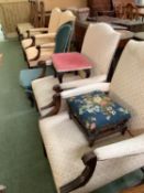 Set of four Gainsborough style arm chairs, brass studded upholstery in different peach fabrics,