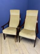 Pair of upholstered arm chairs. Condition: Some stains & marks