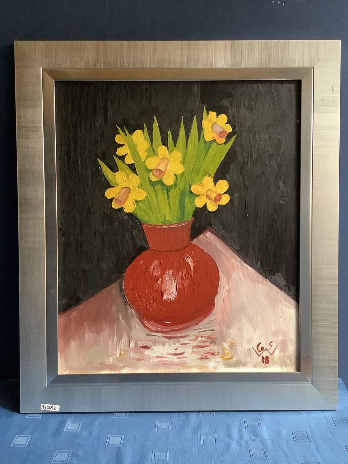 GEORGE S WISSINGER. Modern Oil , framed, "Still life daffodils in red vase", 59 x 49cm - Image 2 of 2
