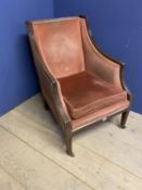 Upholstered mahogany library chair Condition: Off rear castor missing, general wear and staining