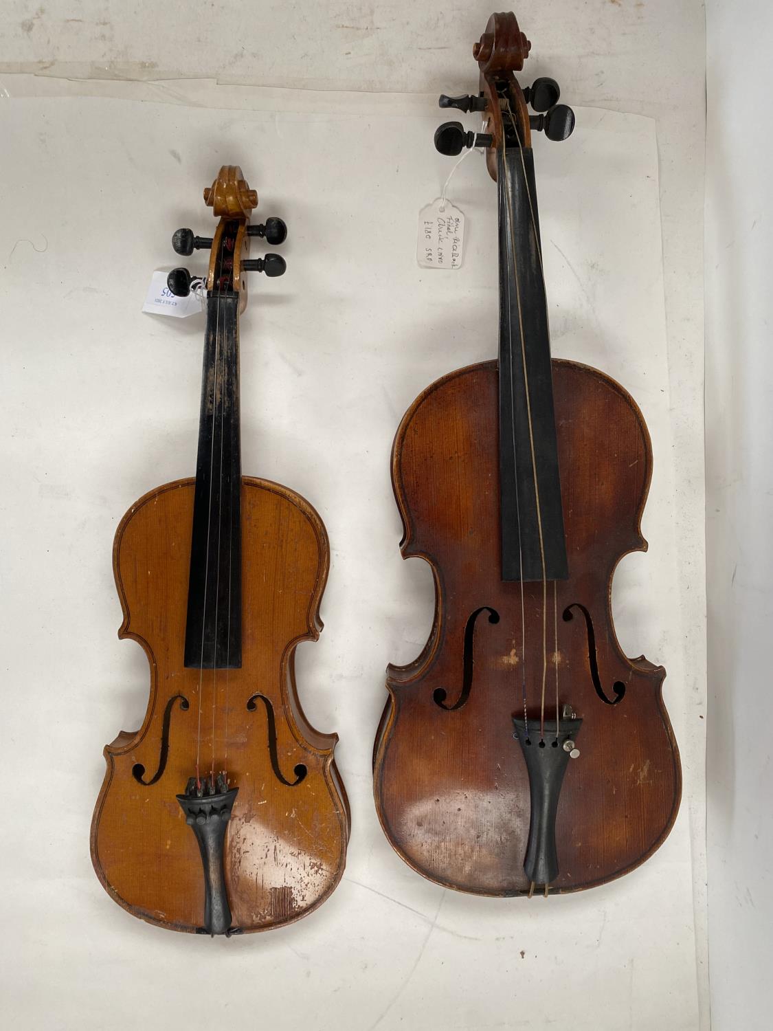 Two violins, both in need of restoration, see images for details and condition