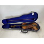 Cased violin and bow, see images for details and condition