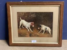 Framed oil painting study of 2 Terrier dogs on the scent, 19cm x 25.5cm