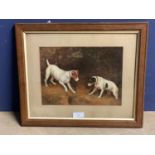 Framed oil painting study of 2 Terrier dogs on the scent, 19cm x 25.5cm