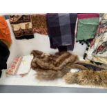 Qty of furs, scarves and table cloth