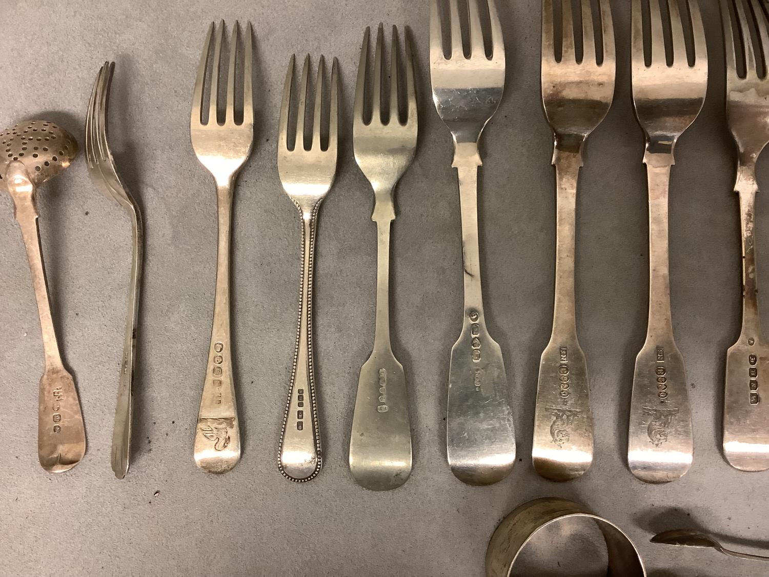Quantity of Hallmarked Silver dinner & desert forks, napkin rings & sugar tongs, 31.02ozt - Image 4 of 6