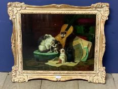 Oil on panel study of cat & kittens in a Victorian music room in gilt swept frame signed, 39.5cm x