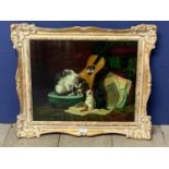 Oil on panel study of cat & kittens in a Victorian music room in gilt swept frame signed, 39.5cm x