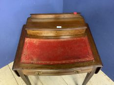 Ladies inlaid mahogany small writing table with red leather top & side flaps, 60cm W (closed).
