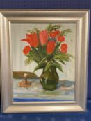 GEORGE S WISSINGER (C20th ), oil, still life - tulips, 2008, 49.5 x 39cm, framed. Condition: Good