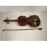 Cased violin and bow, possibly Josef Hopf, Klingentahl ? See images for details and condition