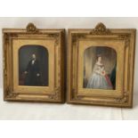 Pair gilt framed and glazed portraits of a man and a woman , old label verso "my grandfather, Hugh