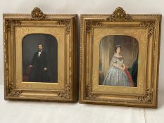 Pair gilt framed and glazed portraits of a man and a woman , old label verso "my grandfather, Hugh