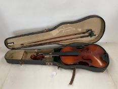 cased violin and 2 bows, see images for details and condition