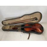 cased violin and 2 bows, see images for details and condition