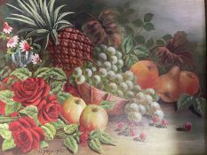 Early C20th, oil on canvas, "Still life flowers and fruit", signed and dated lower left W E Davis