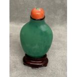 Chinese imperial green jadeite style snuff bottle, 19th century, stopper and stand. Provenance: Jade