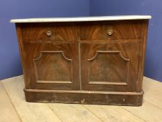 Victorian figured mahogany side cabinet with white veneered marble top 112cm W x 77cm H x 53cm D.