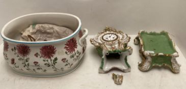 Minton foot bath with missing handle & decorative ceramic clock. Condition: Both damaged, see images