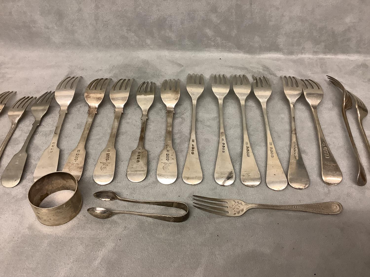 Quantity of Hallmarked Silver dinner & desert forks, napkin rings & sugar tongs, 31.02ozt - Image 6 of 6