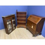 Bookcase, glazed display cabinet and a bureau in need of restoration (3)