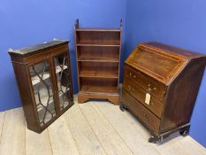 Bookcase, glazed display cabinet and a bureau in need of restoration (3)