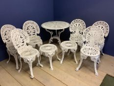 Qty white painted aluminium garden furniture including two sets of three chairs, one larger table