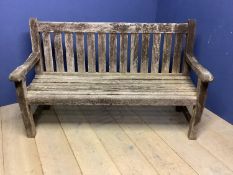 Traditional weathered teak garden bench 150cm L. Condition: Sound