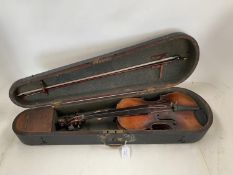 Cased violin and bow, see images for details and condition