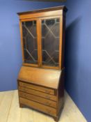 Edwardian inlaid mahogany two piece bureau bookcase 91 cm W x 45 cm deep x 202 cm H. Condition