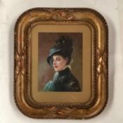 Oil on brass gilt framed miniature of a Victorian lady in plumed hat 10.5cm x 7.5cm