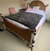 Decorative painted bed with double caned Bergère headboard and end with pineapple finials, approx