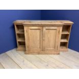 Small natural pine break front credenza with carved & shaped top, 44cm max depth x 88cm H.
