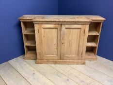 Small natural pine break front credenza with carved & shaped top, 44cm max depth x 88cm H.