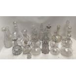 Qty of decanters, and qty of various stoppers. Condition: 2 or 3 chips