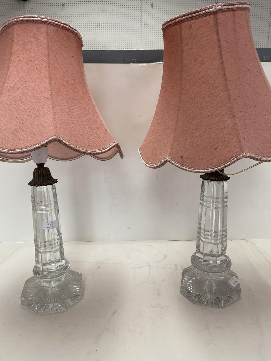 Pair Edwardian glass and brass table lamps, all with wear