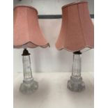 Pair Edwardian glass and brass table lamps, all with wear