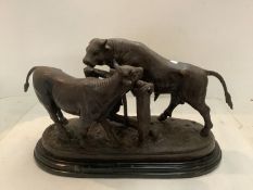 Heavy Bronze Bull and Cow on Marble Plinth