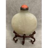 C18th/19th Chinese jade snuff bottle of flat form, stopper and stand